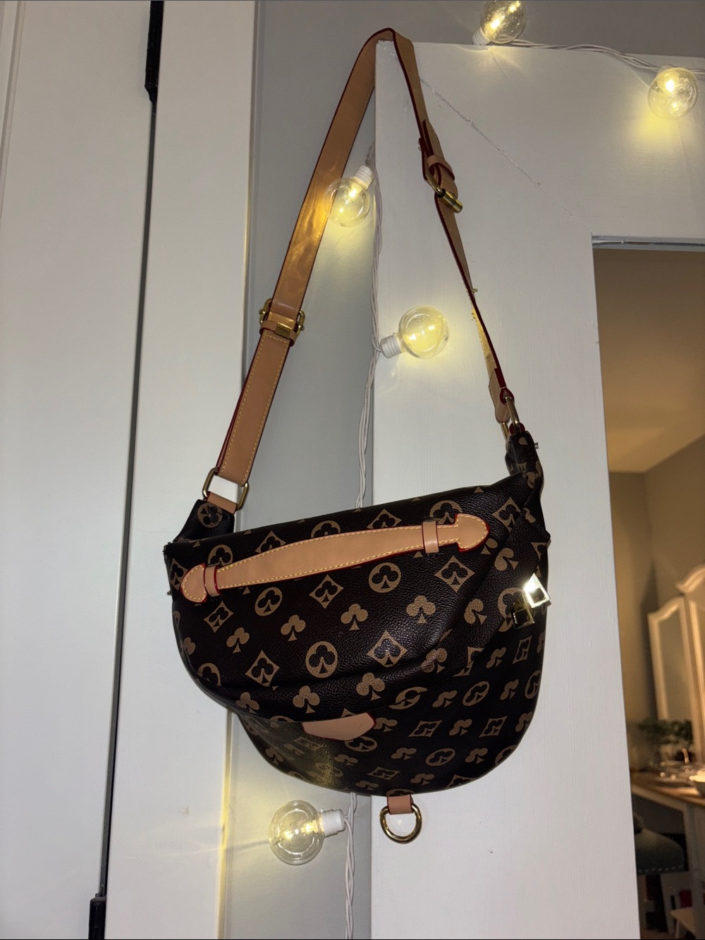 Designer-Inspired Brown Monogram Shoulder Bag with Tan Leather Trim